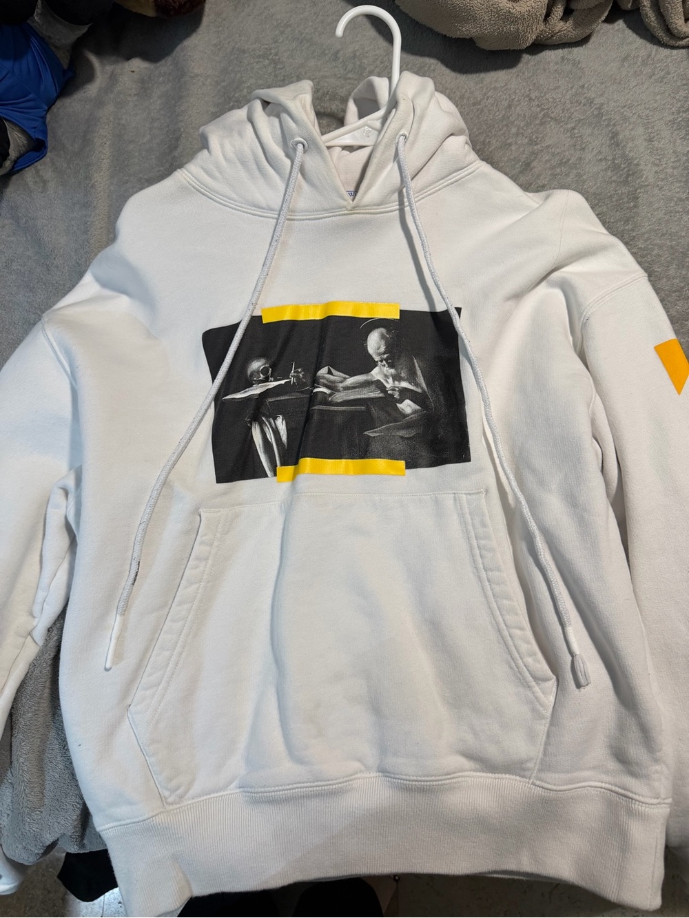 Off-White White Hoodie with Black Graphic and Yellow Accents